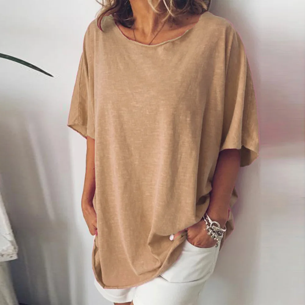 Большие размеры женские топы свободные однотонные повседневные с круглым