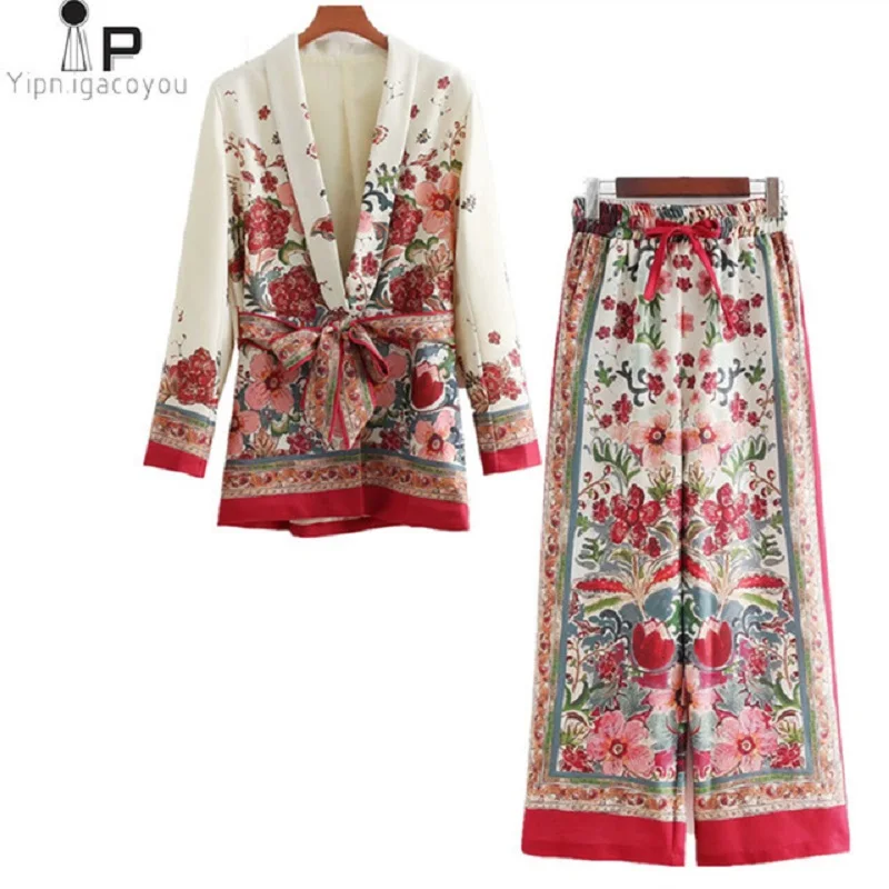 Женский комплект 2 шт. костюм женский 2020 Ретро стиль цветочный узор Европейский