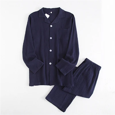 dark blue Весенняя хлопковая креповая парная Пижама, Женский однотонный кардиган размера плюс с длинным рукавом, длинные штаны, домашние костюмы, ночная рубашка для женщин - Цвет: dark blue