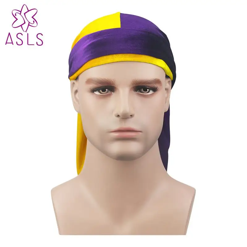 Yellow Purple Новые роскошные мужские бархатные Лоскутные дюраги Бандана тюрбан шляпы парики Doo дюраг головной убор для байкеров головная повязка пиратская шляпа аксессуары для волос - Цвет: Yellow Purple