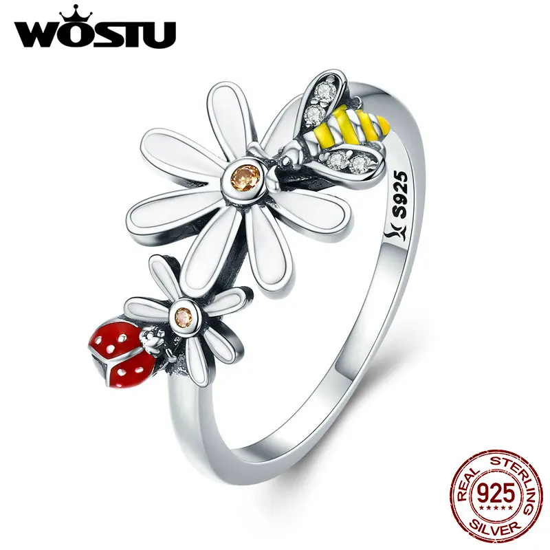 WOSTU, подлинные, 925 пробы, серебряные, Божья коровка и пчела, в виде ромашки, кольца на палец для женщин, модный бренд, Природный Стиль, ювелирное изделие, подарок CQR311
