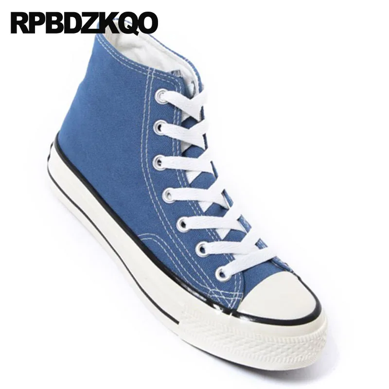 Женские дышащие кроссовки синие высокие на плоской подошве с круглым носком