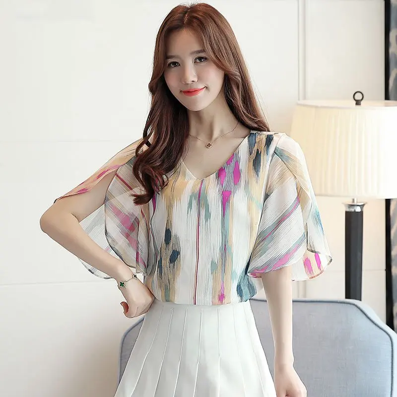 Женские шифоновые летние блузы в цветную полоску топы с принтом элегантные