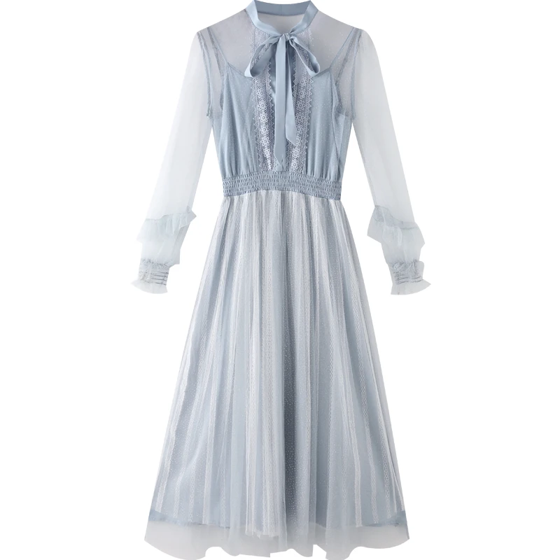 Женское платье с бантом и оборками Сетчатое воротником стойкой лето 2019|Женские