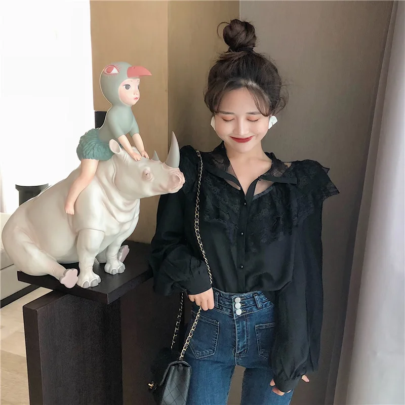 2019 Early Spring Vintage Sweet Cut Lace Sweatshirt With Ruffles Tops womens tops and blouses |