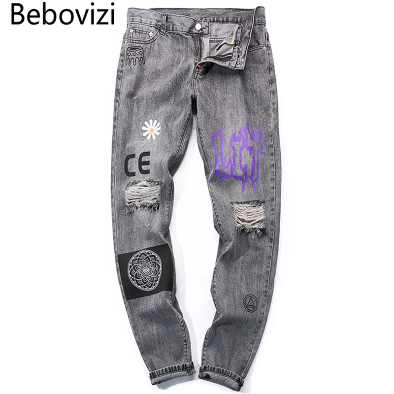 

Bebovizi Hip Hop Men Jogger Denim Pants Skinny Washed Distressed Jeans 2019 Graffiti Print Streetwear Destroyed Ripped Jeans