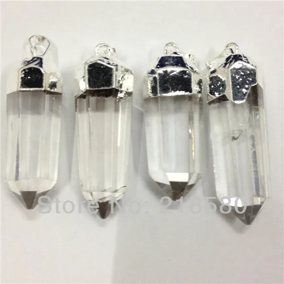 

H-DP08 Crystal Quartz Point Pendant Gold or Silver Dipped Crystal Pillar Charm 40-55mm long (Random in SHAPE)