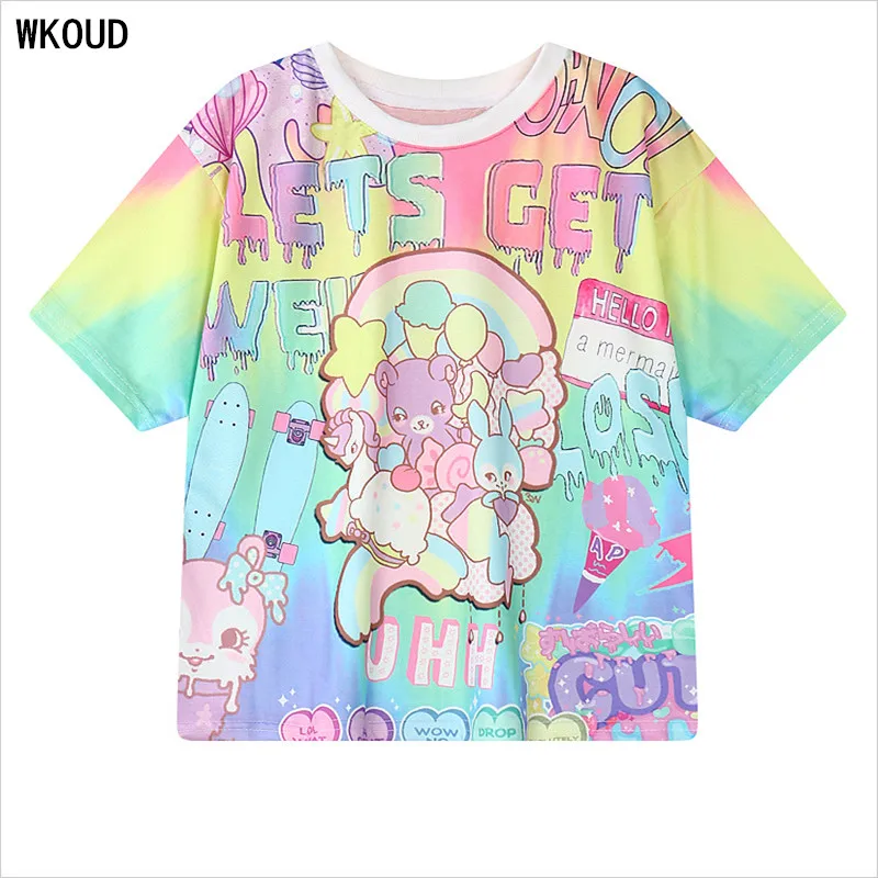 Женская футболка с буквенным принтом WKOUD свободная эластичная коротким рукавом в