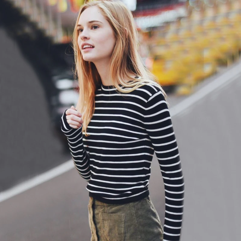 Женский укороченный топ в полоску с высоким воротником и длинным рукавом|striped crop