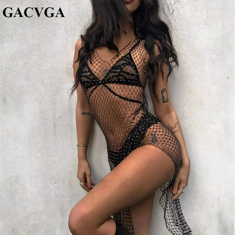 Женское пляжное платье макси GACVGA летнее ажурное с кристаллами и V образным
