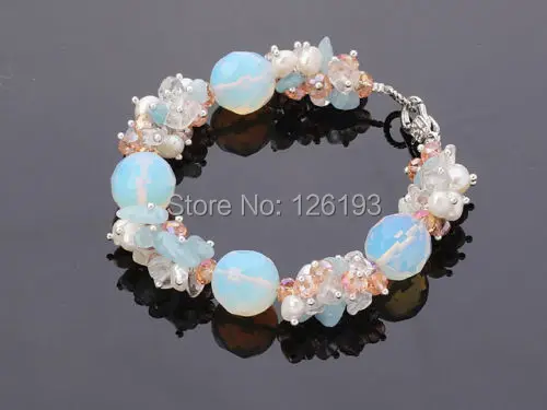 Набор из колье браслета и сережек с опаловым камнем жемчужными кристаллами|earrings