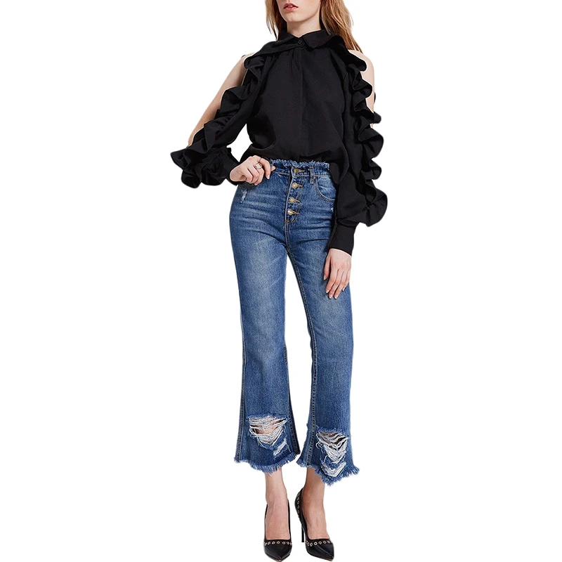HYH HAOYIHUI Brand Women Black Sweet Shirts Cold Shoulder Butterfly Sleeve Zipper Buttons Female Casual Blouses Sexy Lady |