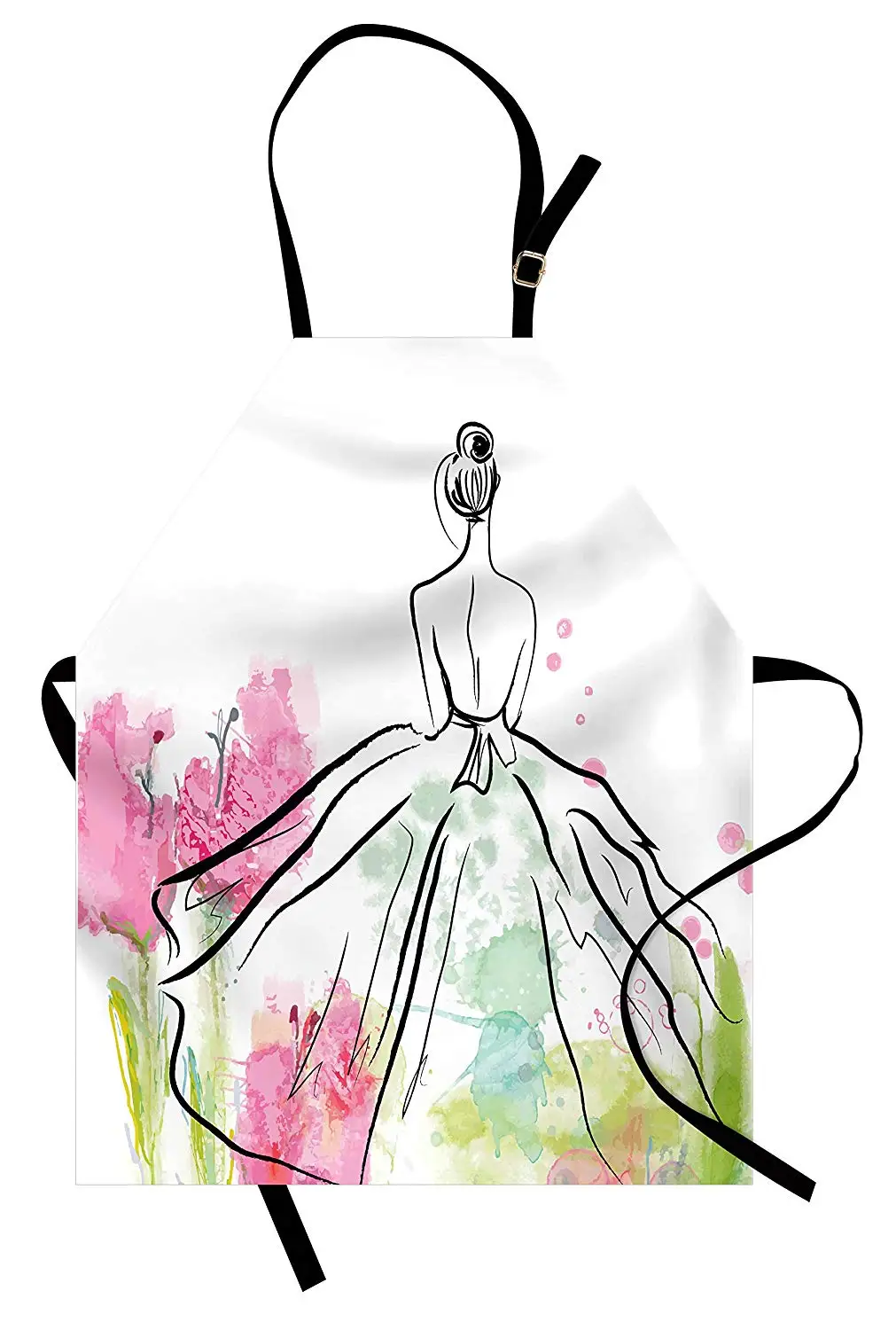 Модный фартук эскиз женский силуэт длинное платье дизайн с акварельными цветами