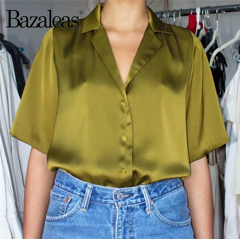 Bazaleas винтажная отложная блуза mujer de moda 2019 Модная шелковая атласная Блуза feminina