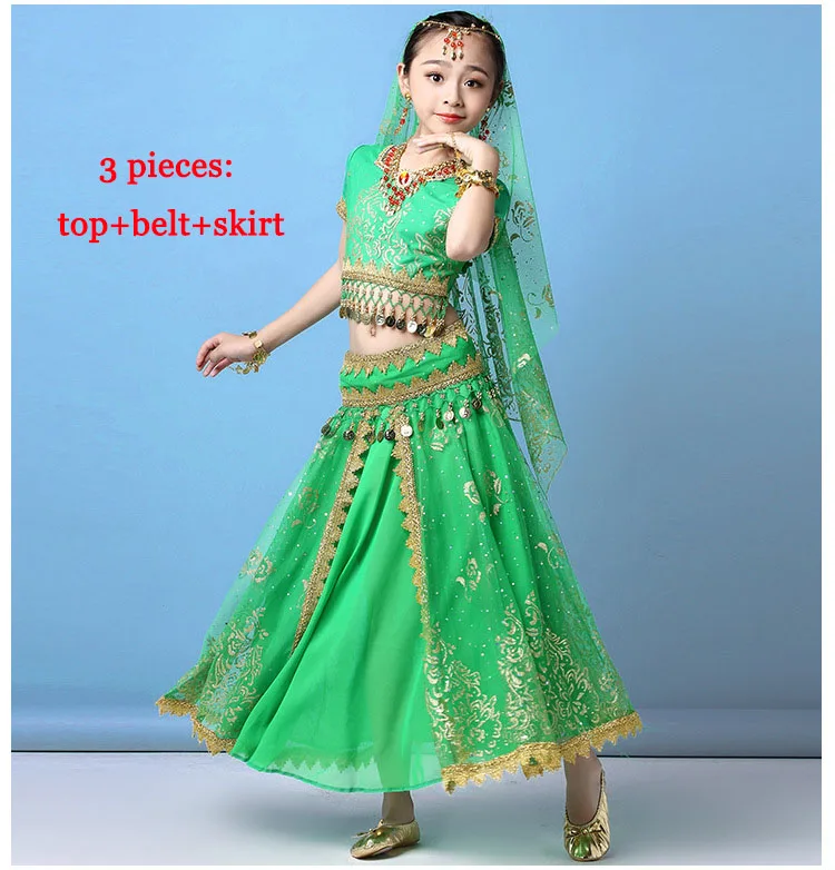 green 3 pcs Детский костюм для танца живота, сценический костюм, одежда для танца живота для индийских танцев Болливудский костюм для детей 3/8 шт - Цвет: green 3 pcs