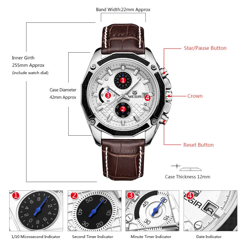 

MEGIR quartz male watches Genuine Leather watches racing men Students game Run Chronograph Watch male glow hands for Man 2015G