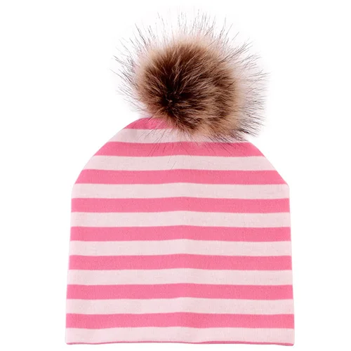 Baby Stripe Pink Модная детская шапка, детская шапка из искусственного меха, хлопковая шапка с помпоном для детей, зимние шапки для мальчиков и девочек, шапки из искусственного меха - Цвет: Baby Stripe Pink