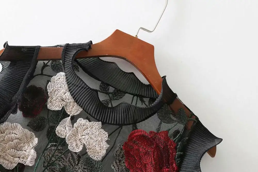 Цветочная вышивка Черная кружевная рубашка женская сексуальная без рукавов