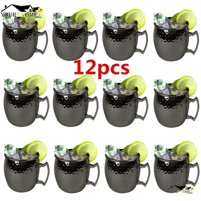 12 Pieces Moscow Mule Drinking Mug Glass Hammered Gunmetal Black Bar Mug Drinking Cup Moscow Mugs - Цвет: 12Pcs Black