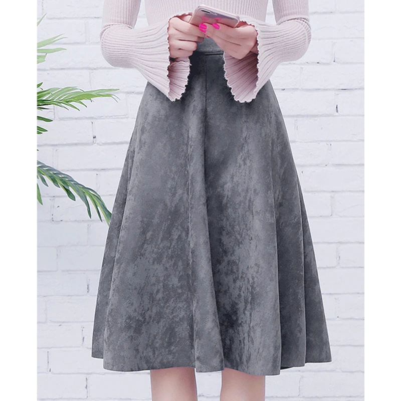 Neophil Women Suede High Waist Midi Skirt 2022 Spring Vintage Style Pleated Ladies A Line Black Flare Skirt Saia Femininas S1802