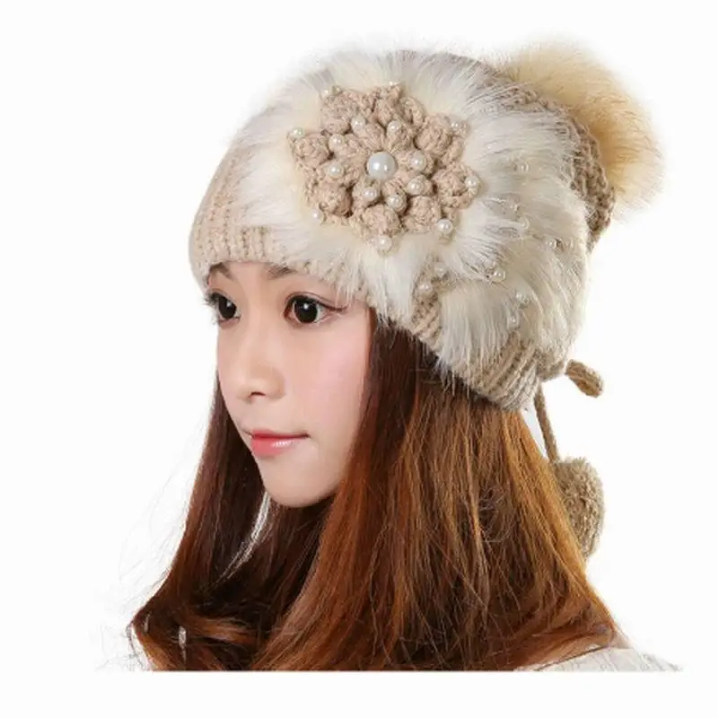Зимняя шапка женская вязаная теплая пудра зимние шапки из натурального жемчуга