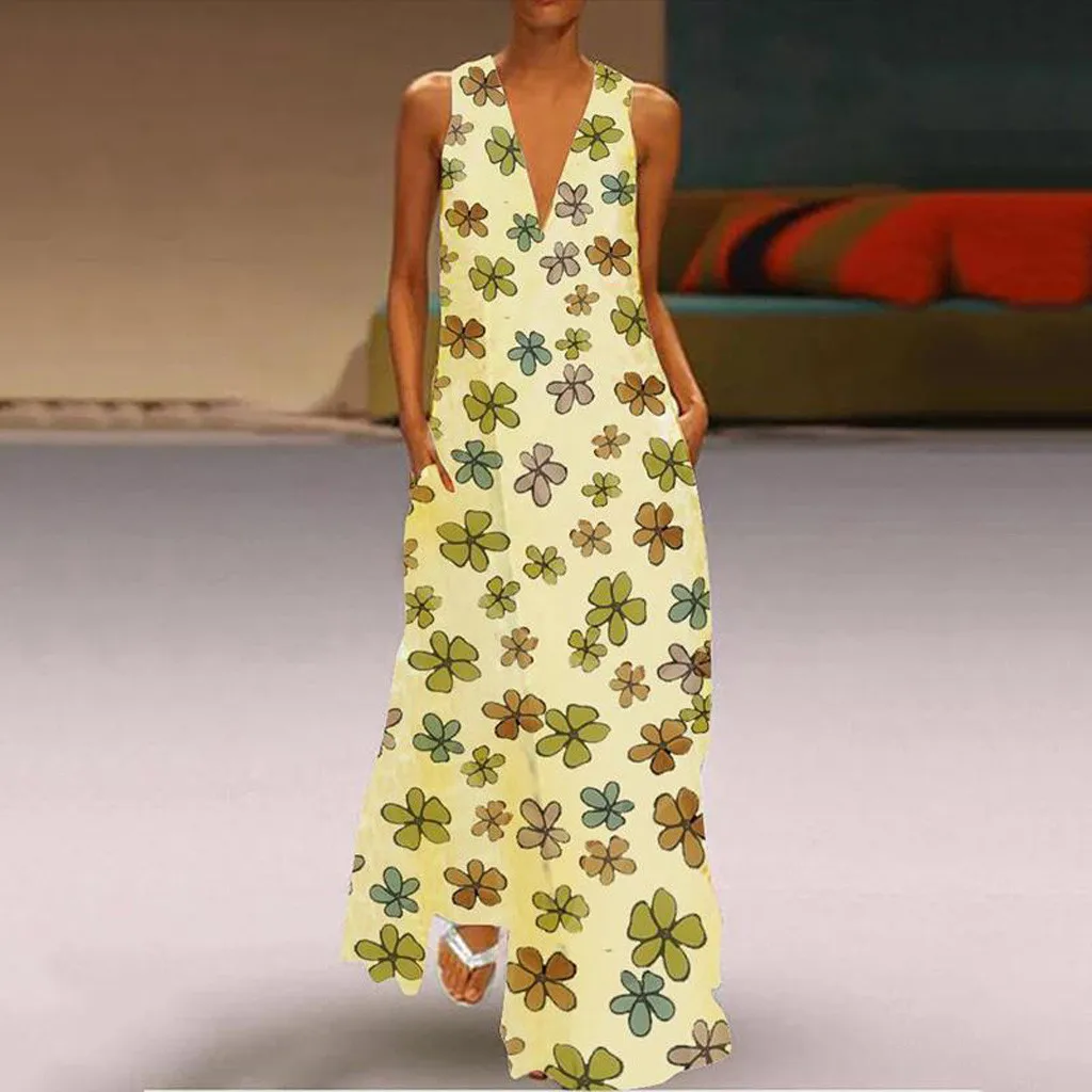 Летнее модное женское платье с цветочным принтом без рукавов v образный вырез