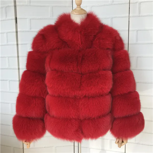 Red Женское пальто из натурального меха, толстая теплая Женская куртка из натурального Лисьего меха, верхняя одежда, модная зимняя шуба из натурального Лисьего меха со стоячим воротником для женщин - Цвет: Red