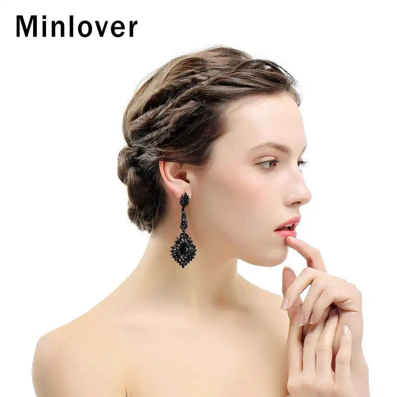 Minlover каплевидные кристаллические свадебные длинные висячие серьги черного