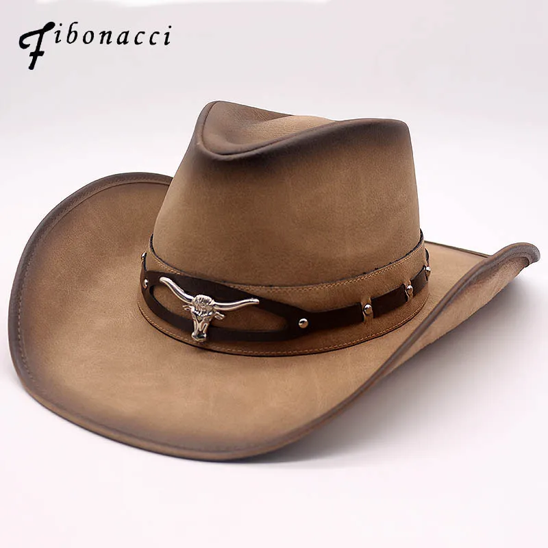 

Fibonacci Top Quality West Cowboy Hat Fashion Faux Leather Metal Bull Head Decoration Sombrero Western Men Women Cap