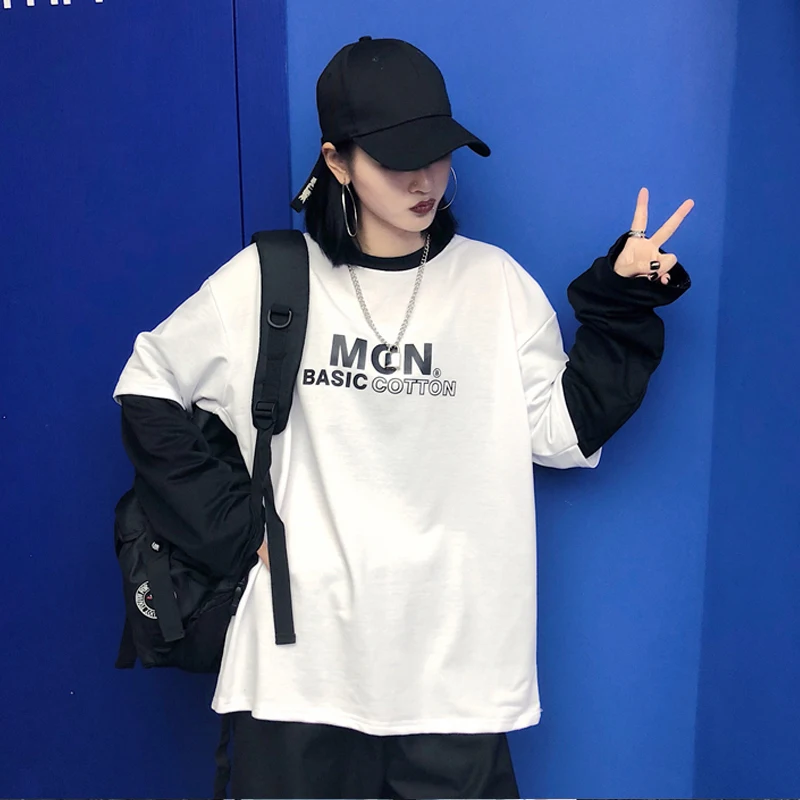 YouGeMan Футболка женская одежда Осень корейский Ulzzang Harajuku Лоскутная футболка с