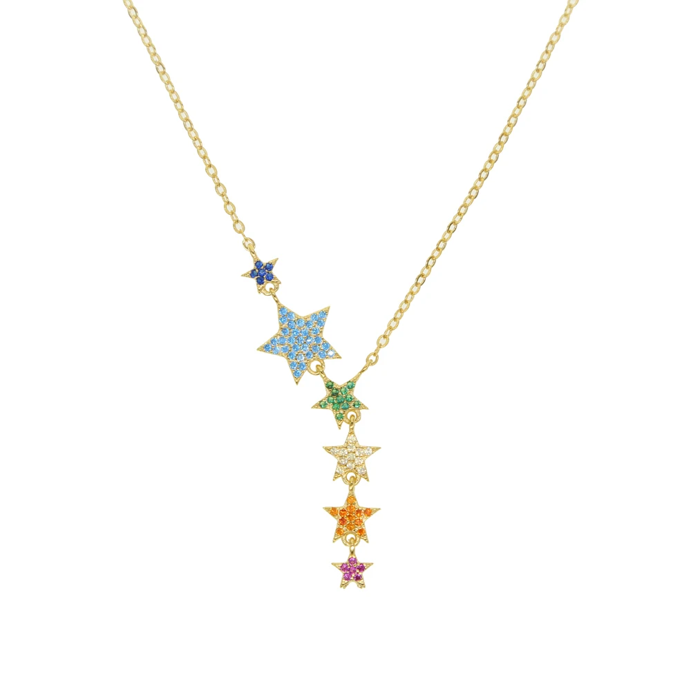 gold filled Women Fashion jewelry Micro pave colorful cz lucky rainbow star link chain sexy multi layer choker charm necklaces | Украшения