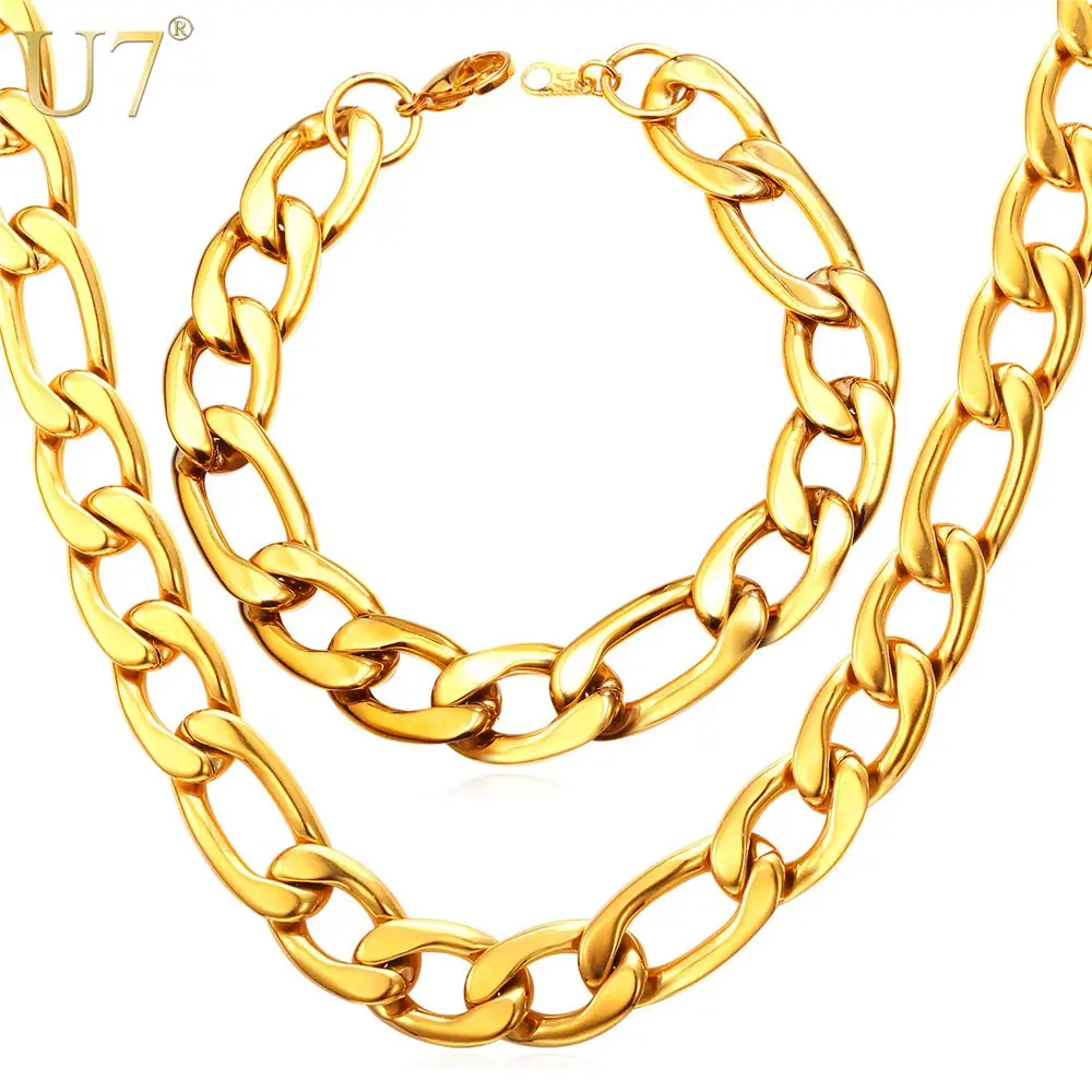 

U7 Big Chunky Men Jewelry Sets Trendy 5 Size Gold Color 12MM Wide Chain Figaro Bracelet Necklace Set Wholesale S814
