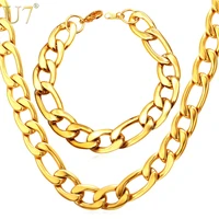 u7 big chunky men jewelry sets trendy 5 size gold color 12mm wide chain figaro bracelet necklace set wholesale s814