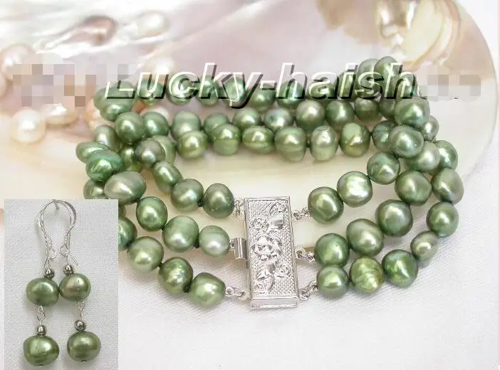 Free shipping hot sale Women Bridal Wedding Jewelry &gt&gt8&quot baroque 3row green pearl Bracelet Earrings | Украшения и
