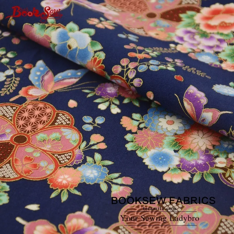 Хлопковая льняная ткань Booksew с бабочками и цветами Золотая фольга темно синяя для