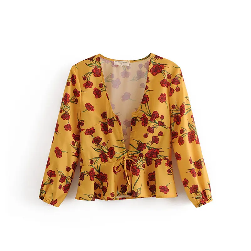 Женская Мода глубоким v образным вырезом цветочный принт drawstring оборками Блузки