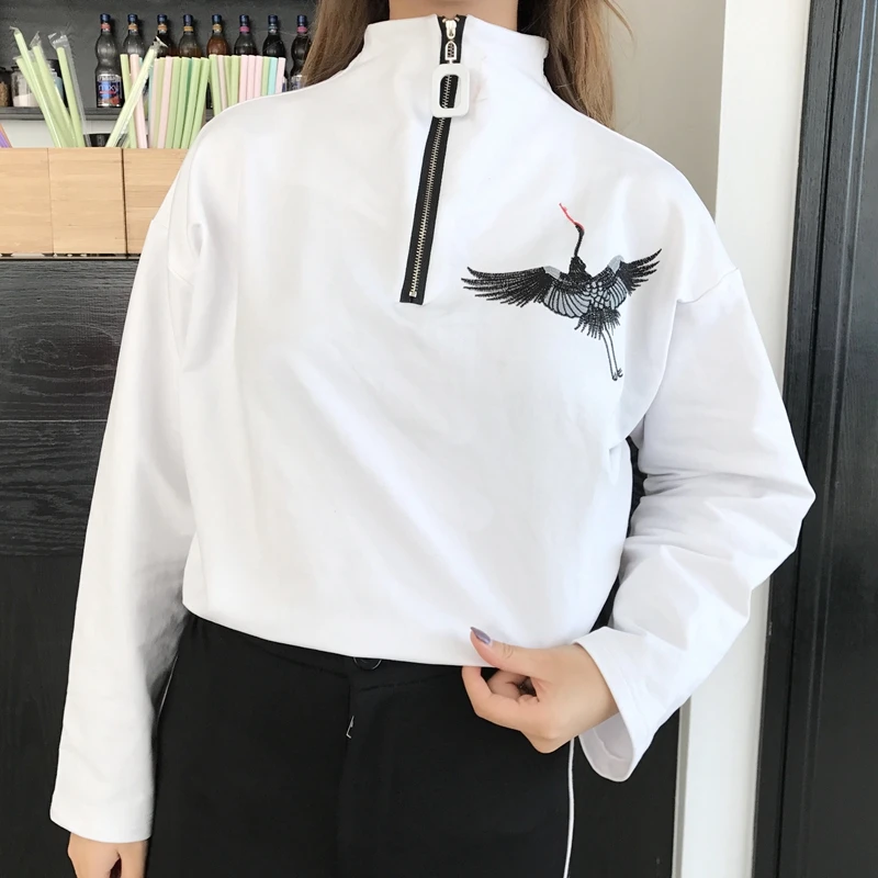 Новая Базовая рубашка Топ Весенняя Корейская Ulzzang Harajuku винтажная вышивка журавлей футболка с длинным рукавом женская футболка на молнии
