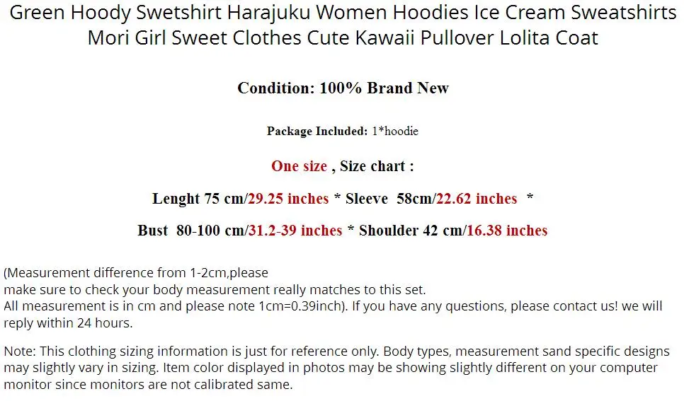 

Green Hoody Swetshirt Harajuku Women Hoodies Ice Cream Sweatshirts Mori Girl Sweet Clothes Cute Kawaii Pullover Lolita Coat