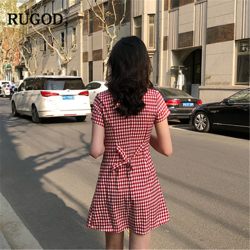 Женское клетчатое мини платье RUGOD однобортное облегающее Повседневное