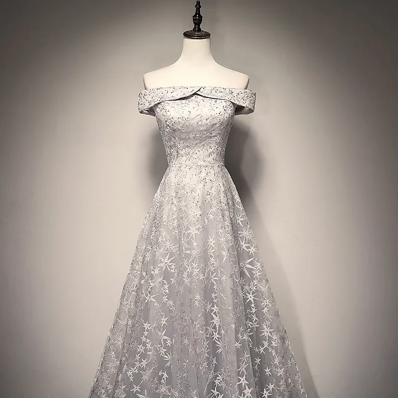 JaneVini Off Shoulder Gray Long Prom Dresses 2019 Beaded Lace Elegant Tulle Women Formal Dress Party Wear Gowns Galajurken Lang | Свадьбы и
