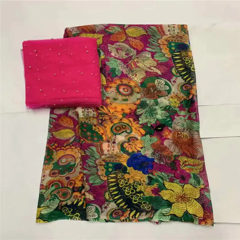 

Высококачественная африканская шелковая шифоновая ткань с принтом, 5 + 2 ярдов, для дам, для ношения, мягкая и удобная шелковая ткань с принто...