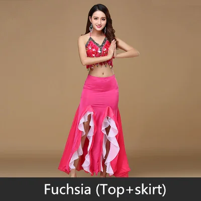 Fuchsia top skirt 9 цветов костюм для танца живота женский танец монеты топы для тонких девочек танец живота блестки бисером одежда с бюстгальтером пояс юбка - Цвет: Fuchsia top skirt