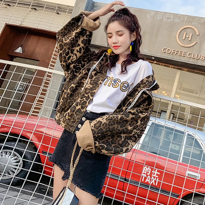 Женская свободная леопардовая джинсовая куртка весна 2019 женская одежда короткое