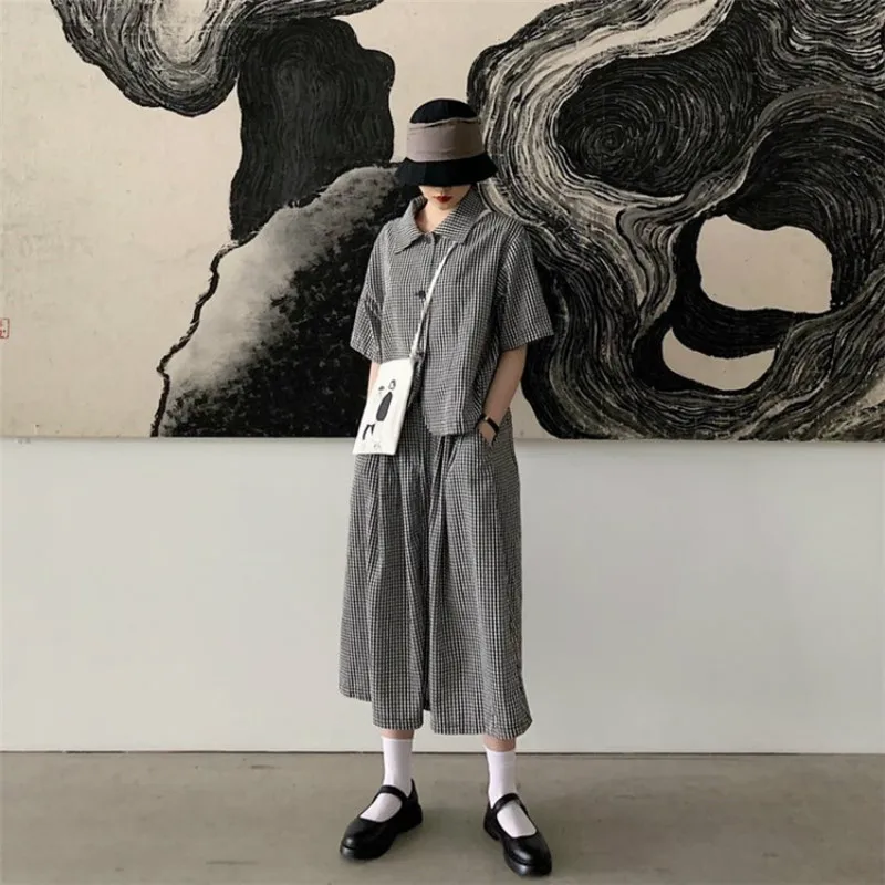 Женский летний свободный винтажный клетчатый комплект из 2 предметов