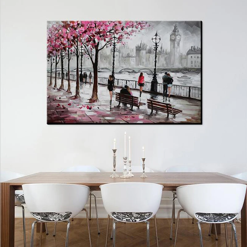 

Modern 100% Hand-painted Oil Painting of City Streetscape on Canvas Wall Art Home Decoration Gift Stretched On Wooden