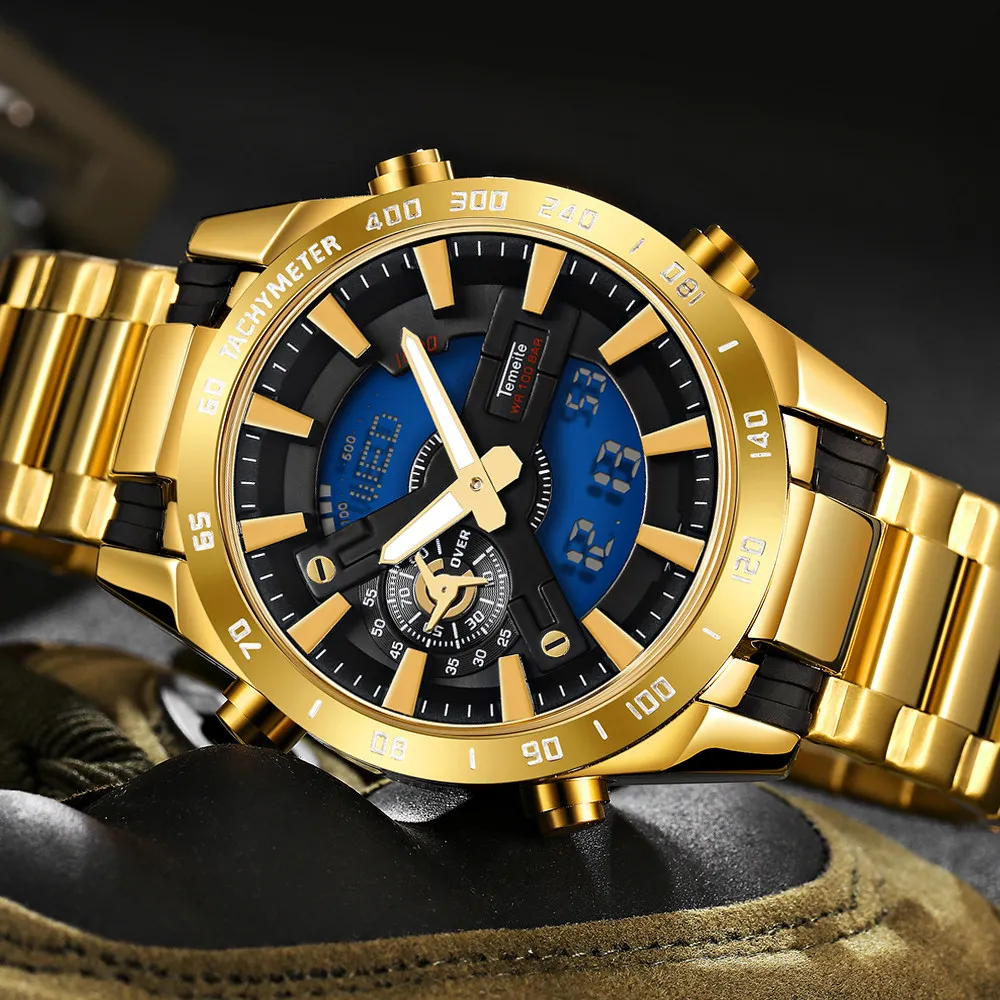 TEMEITE большой корпус армейские электронные часы Мужские Dual Time хронограф верх