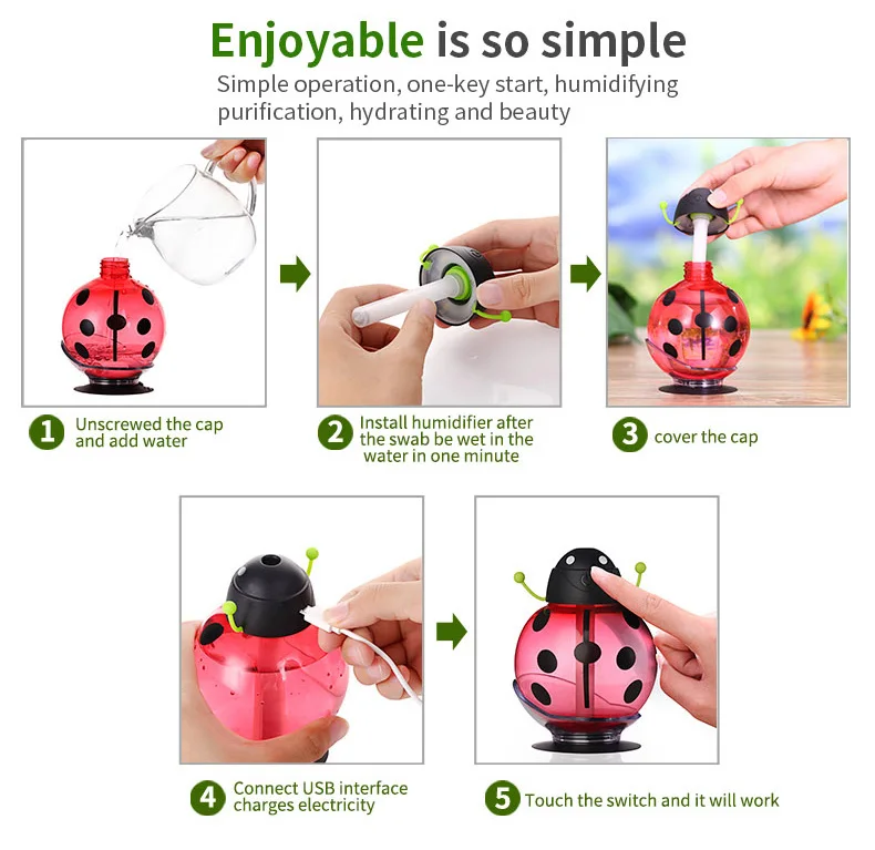 Apano 2016 New 260ML Ladybug Ultrasonic Humidifier Mini USB Portable Office Home Car Air Diffuser Mist Maker DC 5V Led Light | Бытовая