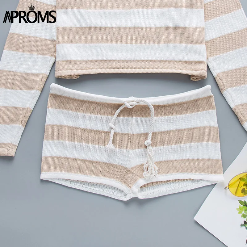 Khaki Stripe Aproms, элегантные яркие полосатые трикотажные шорты с высокой талией для женщин, лето, крутые пляжные эластичные бикини шорты для девушек, женские плавки - Цвет: Khaki Stripe