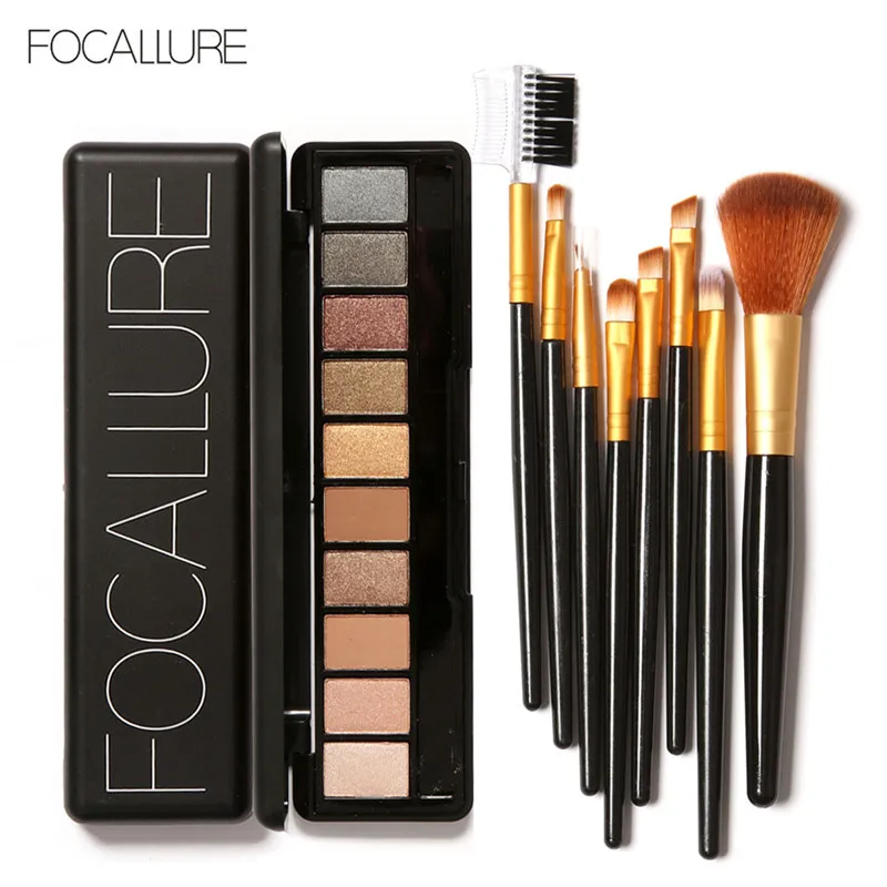 FOCALLURE, 10 цветов, Nuder, теплая палитра теней для век, 8 шт., кисти, тени для век, румяна, пудра, подводка для глаз, губ, бровей, кисть - Цвет: 1