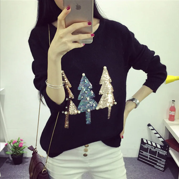 Winter Christmas Sweater Women Pullover New Hot Fashion O-neck Sequined Tree Long Sleeve Knit Pullovers Sweaters | Женская одежда